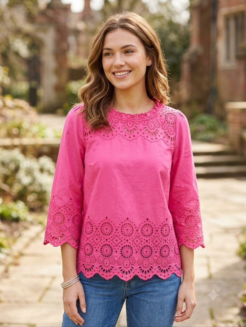 Talbots New Pullover Pink Floral Cut Out 3/4 Sleeve Womens Size Large Casual